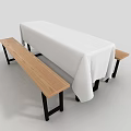 Dining Table and Bench Set with White Tablecloth Wooden Top and Black Metal Frames