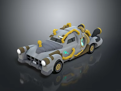 3D Model Futuristic Cartoon Car With Gray Body Yellow Accents Round Headlights And Mechanical Pipes 3d model