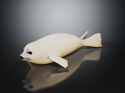 Realistic White Seal Model Placed On Black Smooth Surface With Clear Reflection 3d model