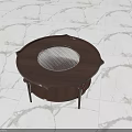 Round Wooden Coffee Table With Mesh Top Design And Slim Legs On Marble Floor