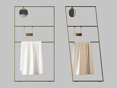 Modern Bathroom Cabinet Rack With Metal Frame Round Mirror Tray And White Beige Towels 3d model