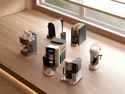 Modern Kitchen Countertop Showcasing Various Coffee Machines And Appliances In Different Styles 3d model