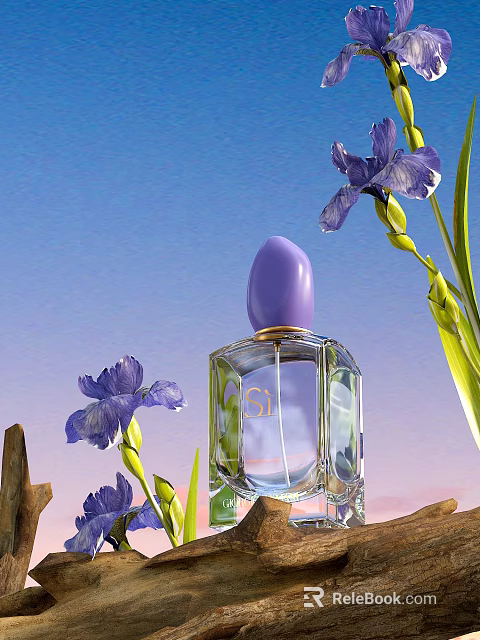 Elegant Transparent Perfume Bottle With Purple Cap Purple Iris Flowers Against Blue Pink Sky Background 3d model 