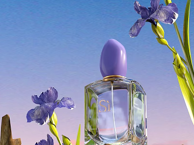 Elegant Transparent Perfume Bottle With Purple Cap Purple Iris Flowers Against Blue Pink Sky Background 3d model