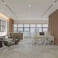 Modern Office Interior With Large Windows City View Wooden Furniture And Desk Chairs