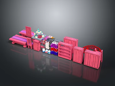 Pink Furniture Set Including Bench Cabinet And Shelf For Kids Room With Various Items 3d model