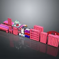 Pink Furniture Set Including Bench Cabinet And Shelf For Kids Room With Various Items