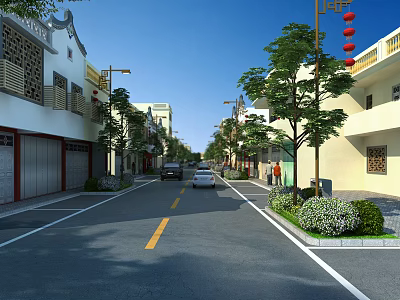 Traditional Style Building Facades With White Walls Grilles And Red Lanterns Along Street 3d model