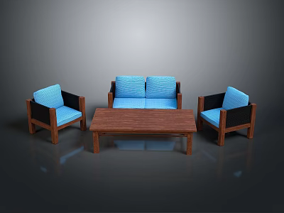 Modern Living Room Furniture With Blue Cushioned Sofa Chairs And Wooden Coffee Table 3d model