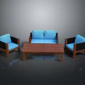 Modern Living Room Furniture With Blue Cushioned Sofa Chairs And Wooden Coffee Table