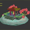 Traditional Pavilion Featuring Green Roof Pink Flowering Trees Steps And Water Pool On White Platform