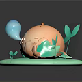 Lush Green Scenic View With Grass Leaves Blue Flower And Cute Cartoon Figure