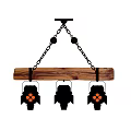 Rustic Wooden Plank Chandelier With Metal Chains And Two Lantern Shaped Shades