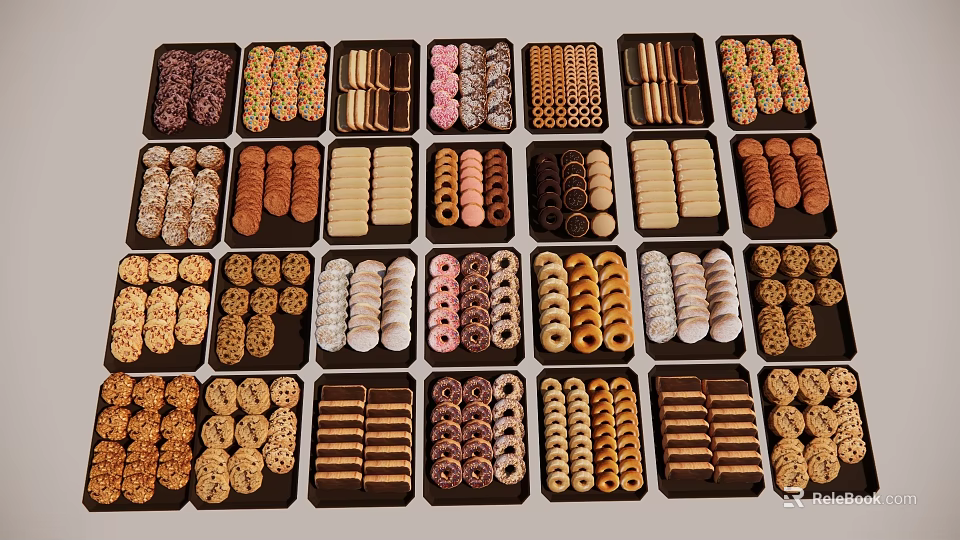 Assorted Decorated Cookies Displayed In Multiple Trays With Various Shapes And Designs 3d model 