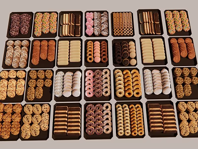 Assorted Decorated Cookies Displayed In Multiple Trays With Various Shapes And Designs 3d model
