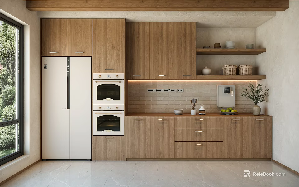 Modern Natural Wood Sideboard Cabinet With Open Storage Shelves And Built In Kitchen Appliances 3d model 