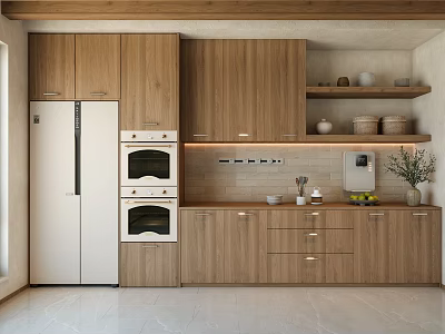 Modern Natural Wood Sideboard Cabinet With Open Storage Shelves And Built In Kitchen Appliances 3d model