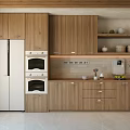 Modern Natural Wood Sideboard Cabinet With Open Storage Shelves And Built In Kitchen Appliances