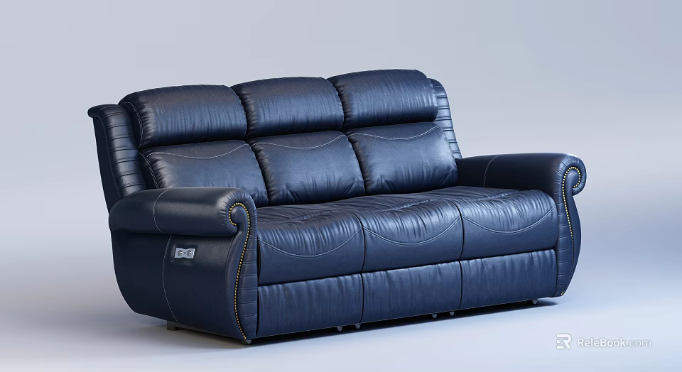 Dark Blue Leather Three Seater Sofa With Curved Arms And Stitched Details 3d model 