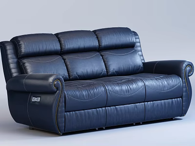 Dark Blue Leather Three Seater Sofa With Curved Arms And Stitched Details 3d model