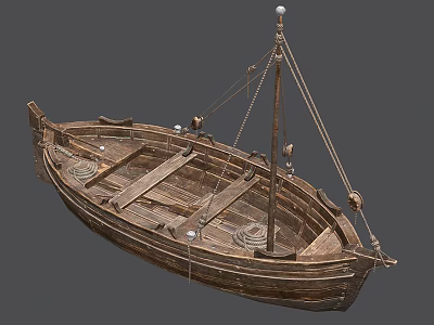 Classic Vintage Wooden Boat Featuring Mast Ropes And Wooden Planks Details 3d model