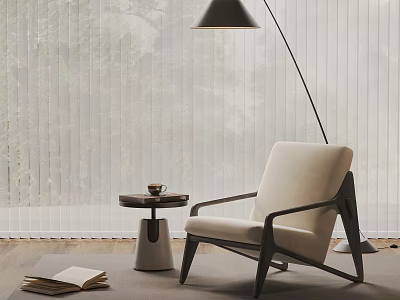 Comfortable Beige Accent Chair With Small Round Side Table Open Book And Floor Lamp 3d model