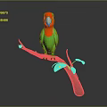 Green parrot with red head perched on branch with green leaves against gray background