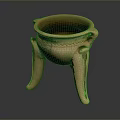Ancient Terracotta Ceramic Sculpture Bowl Shaped With Three Legs Double Handles And Rope Patterned Design