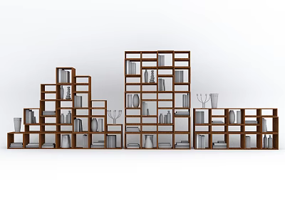 Modern Geometric Wooden Bookcase Design With Multiple Shelves And Decorative Items 3d model