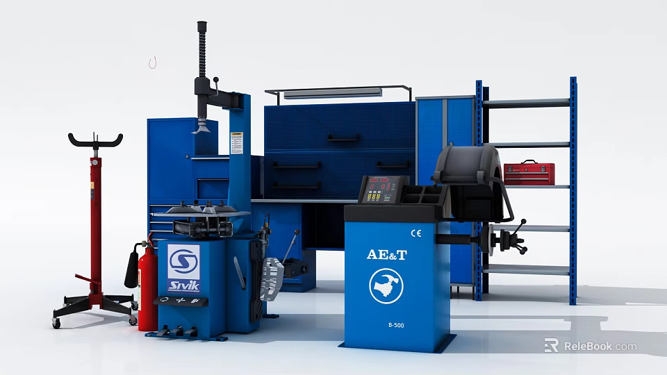 Blue A.E.T Brand Hardware Tools Equipment With Red Tools And Workshop Shelves 3d model
