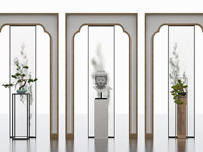 Arch Shaped Room Partitions With Wooden Frames And Decorative Green Plants Buddha Statue 3d model