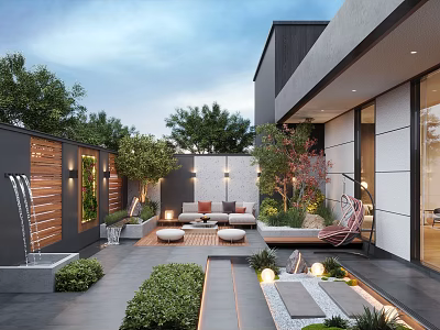 Modern Courtyard Garden With Outdoor Seating Lush Greenery Water Fountain And Illuminated Lights 3d model