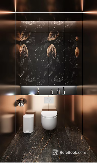Luxurious Bathroom Interior Design With Black Patterned Walls Countertop Copper Accents And White Toilets 3d model 