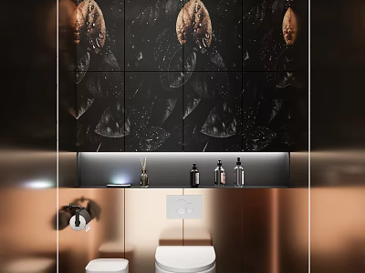 Luxurious Bathroom Interior Design With Black Patterned Walls Countertop Copper Accents And White Toilets 3d model