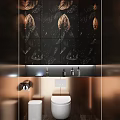 Luxurious Bathroom Interior Design With Black Patterned Walls Countertop Copper Accents And White Toilets