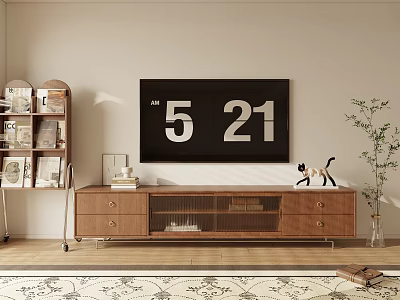 Modern Living Room Interior Featuring Walnut TV Stand With Drawers And Decorative Items 3d model