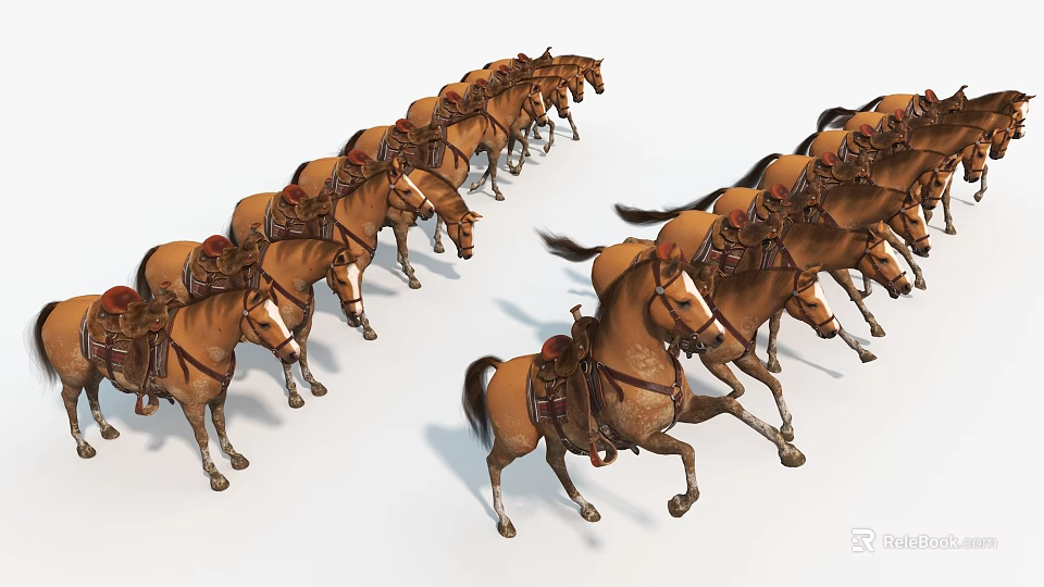 Group of Horses Standing And Running With Saddles In Dynamic Scene 3d model 