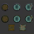 Decorative Wooden Barrels And Crates With Glowing Blue Liquid And Ornamental Plants