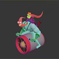 Strong Pink Cartoon Character Riding Red And White Cylindrical Object With Red Haired Companion