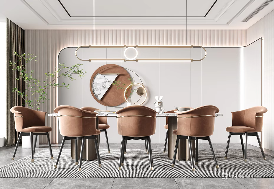 Luxurious Modern Restaurant Interior With Round Dining Table Brown Velvet Chairs And Green Plants 3d model 