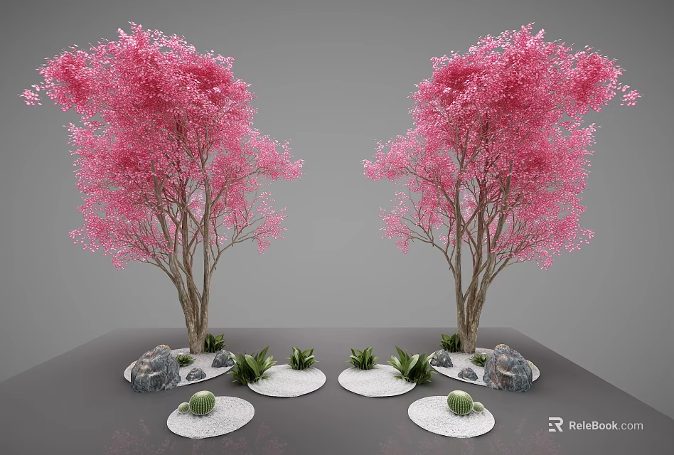 Two Pink Blooming Trees With Small Stones And Green Plants On Gray Background 3d model 