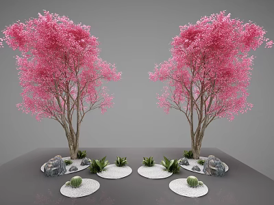 Two Pink Blooming Trees With Small Stones And Green Plants On Gray Background 3d model
