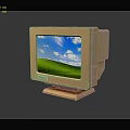 Retro Computer Monitor With Wooden Frame Displaying Blue Sky White Clouds Green Field Background