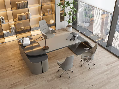 Modern Office Desk With Three Gray Chairs Laptop Book Bookshelf Wooden Floor And City View 3d model