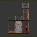 Industrial Metal Structure With Red Columns Staircase Platform Railings And Warning Stripes
