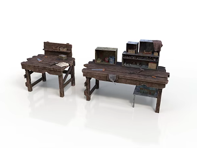 Vintage Wooden Workbenches With Tools And Household Items For Daily Use 3d model