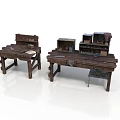 Vintage Wooden Workbenches With Tools And Household Items For Daily Use
