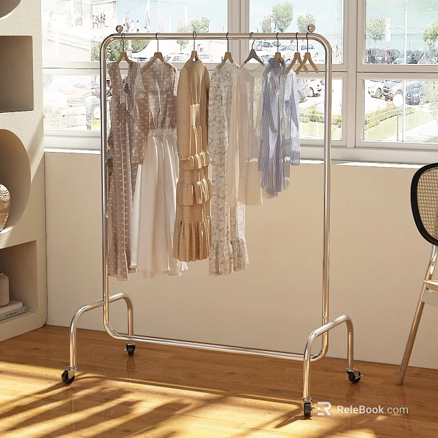 Modern Metal Rolling Clothes Rack With Light Colored Dresses And Blouses In Bright Room 3d model 
