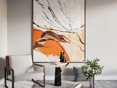Abstract Painting With Orange White Accents In Modern Interior With Chair Table And Green Plant 3d model