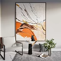 Abstract Painting With Orange White Accents In Modern Interior With Chair Table And Green Plant